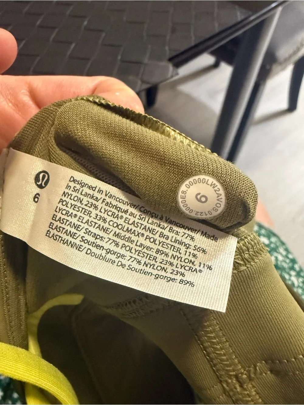 Lululemon Energy Bra Longline Olive Green Neon Yellow Straps Size 6